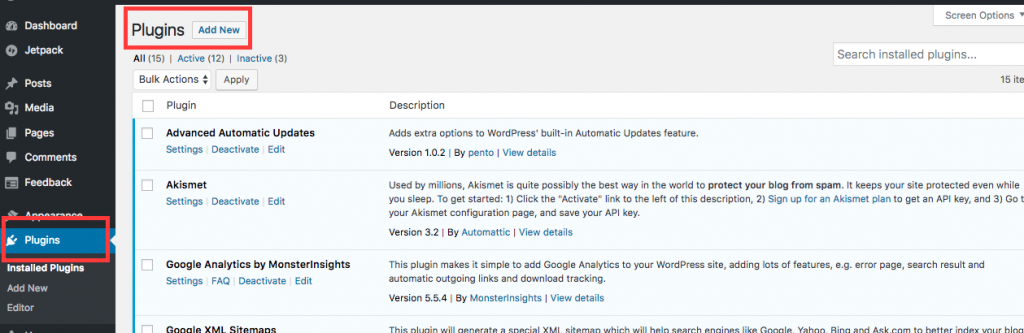Wordpress dashboard showing plugins page