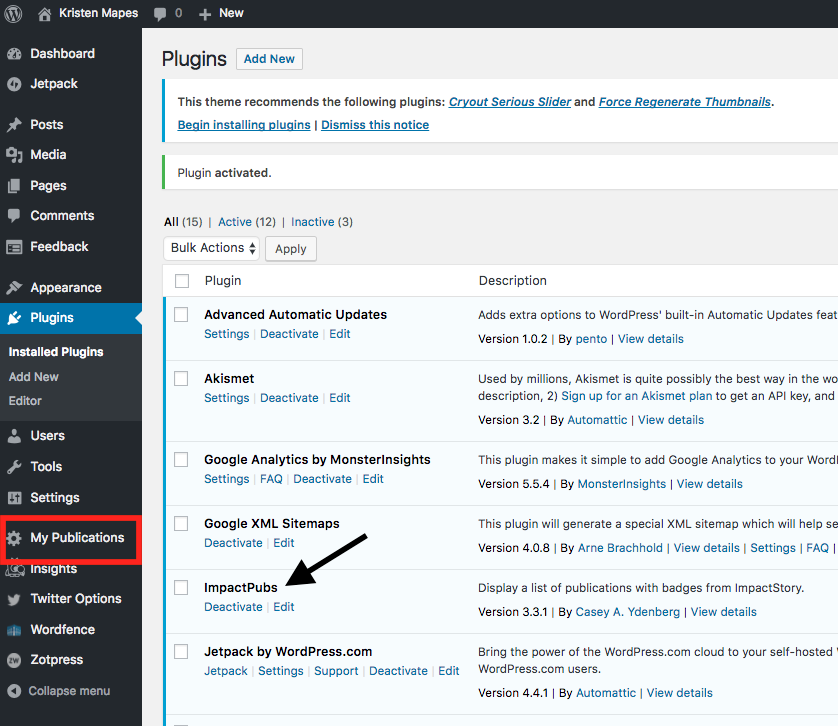 Wordpress dashboard with My Publications option highlighted