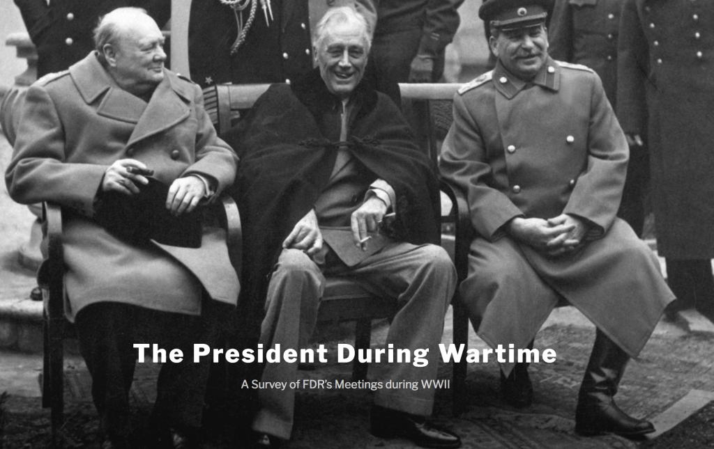 Screenshot of homepage header with FDR, Stalin, and Churchill seated