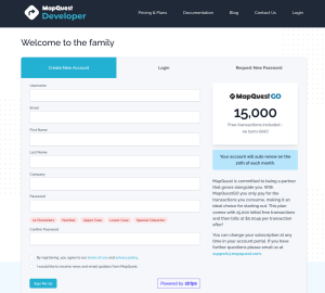Screenshot of sign up field for Mapquest Developer